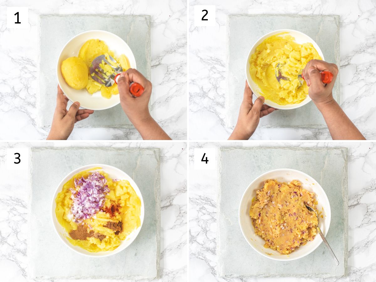 Collage of 4 images showing mashing potatoes, adding onion and spices, mixing together.