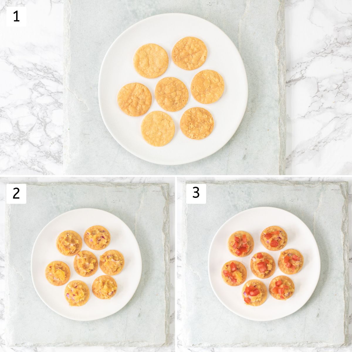 Collage of 3 images showing papdi arranged in a plate, topped with potato masala and tomatoes.