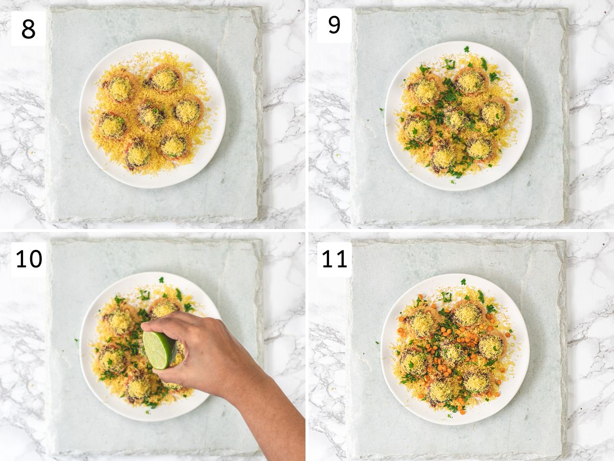 Collage of 4 images showing topped with sev, cilantro, squeezing lemon juice and garnished with chana dal.