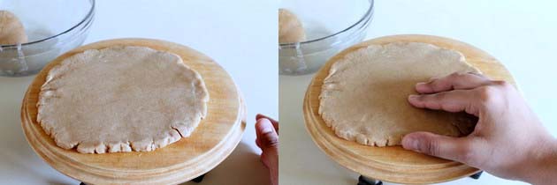Collage of 2 images showing rolled paratha and sealing the edges.