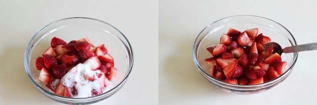 Collage of 2 images showing strawberries and sugar in a bowl and mixed.