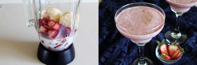 Collage of 2 images showing strawberries, ice cream and milk in a blender and milkshake in a glass.