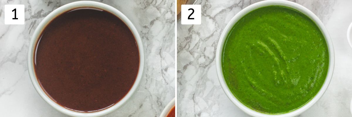 Collage of 2 images showing bowls of tamarind date chutney and cilantro chutney.