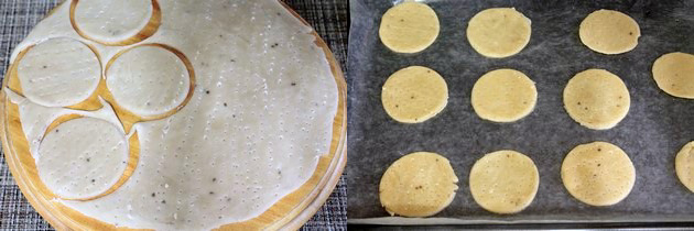 cutting into small round papdi and arranging on the cookie sheet