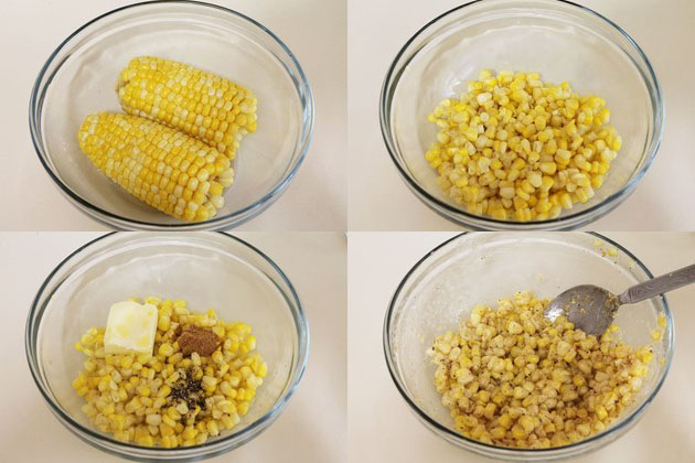 Collage of 4 images showing boiled corn, adding spices and butter and mixed.