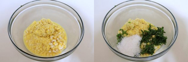 Collage of 2 images showing crushed corn in a bowl and adding coconut and cilantro.