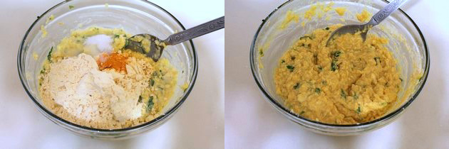 Collage of 2 images showing adding and mixing besan, salt and turmeric.