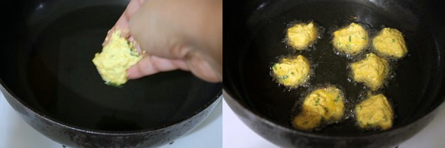 Collage of 2 images showing dropping pakoda in hot oil and frying.