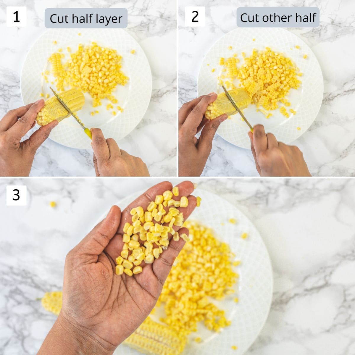 Collage of 3 images showing cutting corn from the cob and showing chopped corn on a palm.
