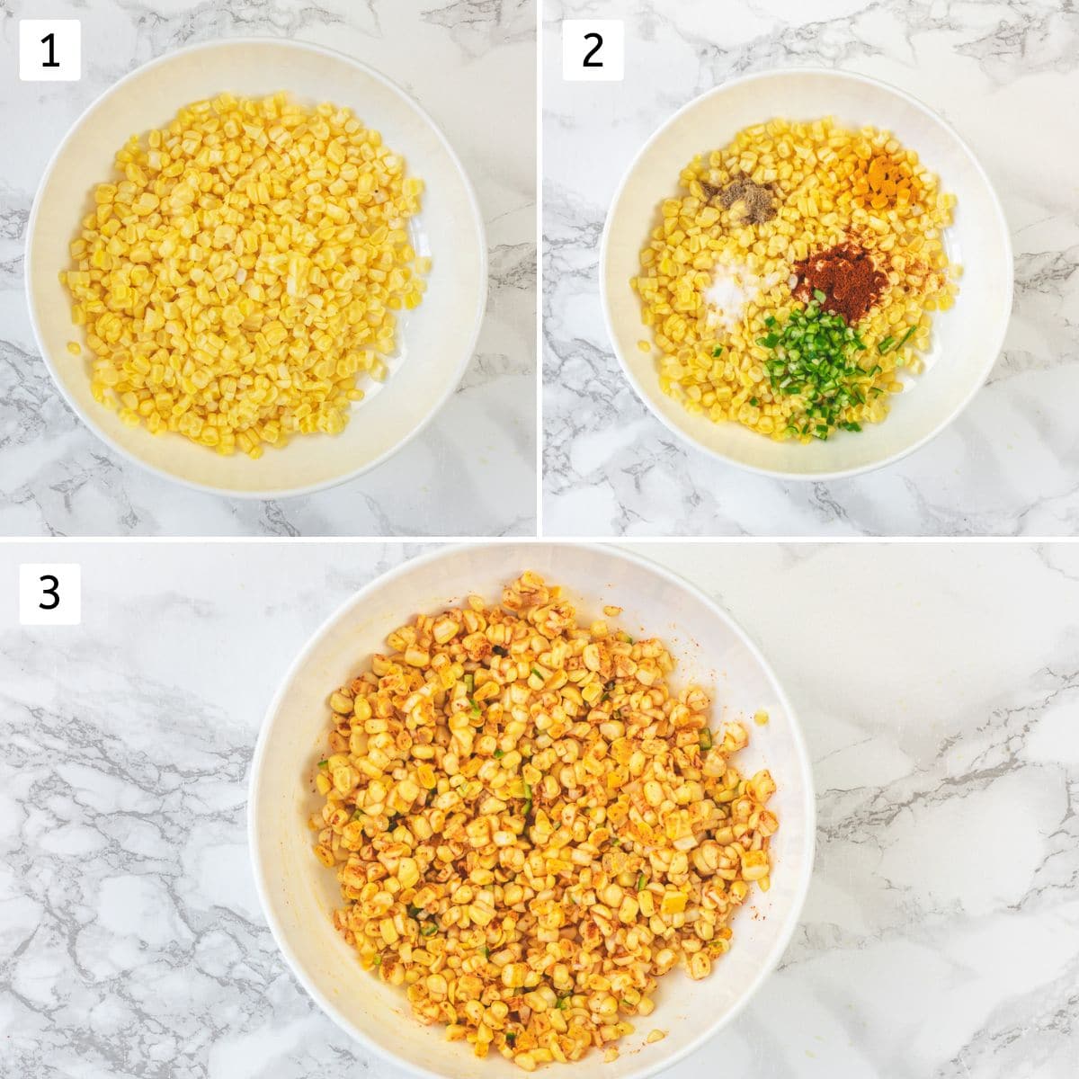 Collage of 3 images showing corn in a bowl, spices added and mixed.