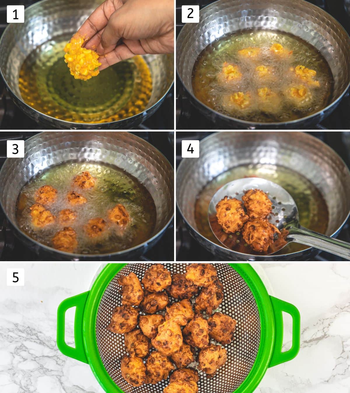 Collage of 5 images showing dropping batter in the oil, frying, removing to a stainer.