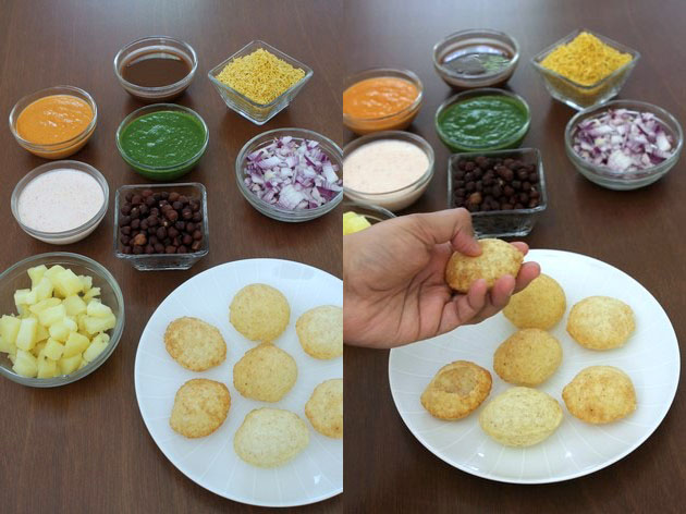 Dahi puri elements on the table and making a hole in one puri.