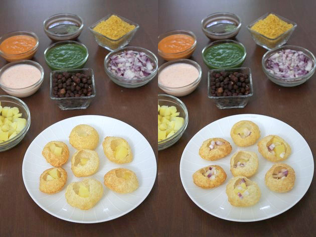 Adding potatoes and onion in puri.