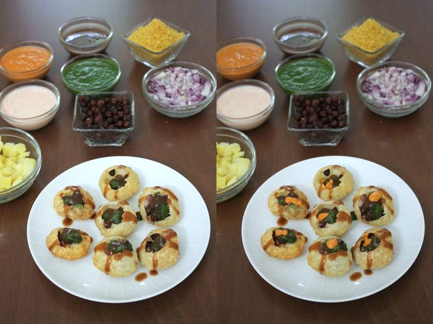 adding tamarind date chutney and garlic chutney in the puri.