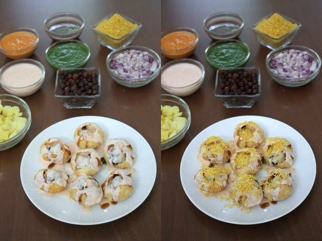 Adding yogurt and sev in the puri.