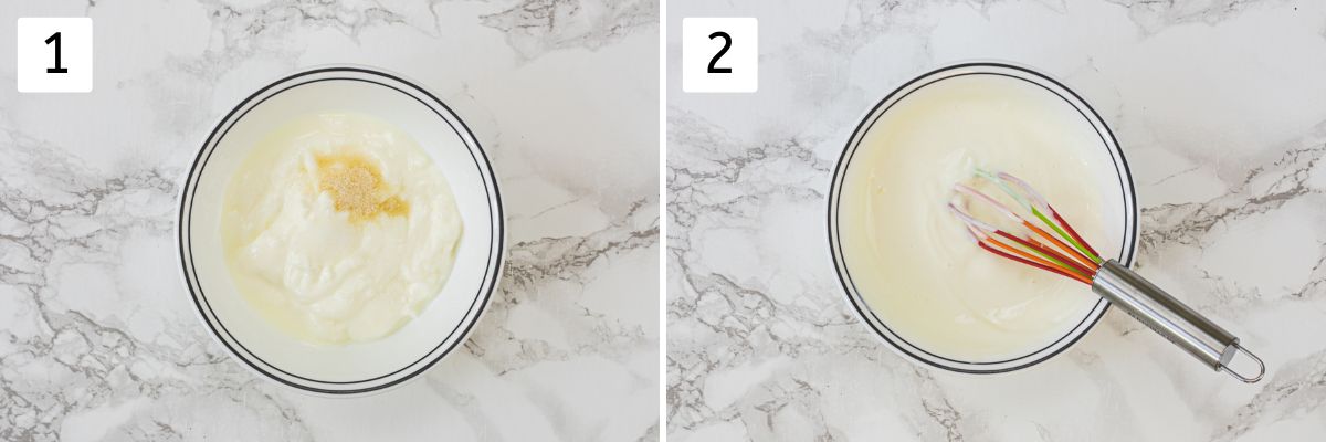 Collage of 2 images showing yogurt with salt, sugar in a bowl and whisked.