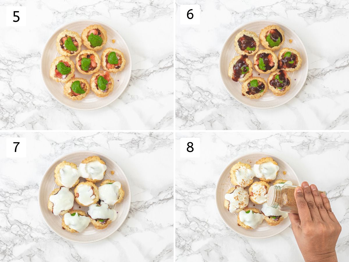 Collage of 4 images showing each puri topped with green chutney, tamarind date chutney and yogurt, sprinkling chaat masala.