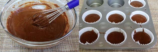 Cupcake batter in a bowl and divided into cupcake pan.