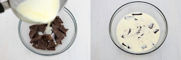 adding cream to chopped chocolate