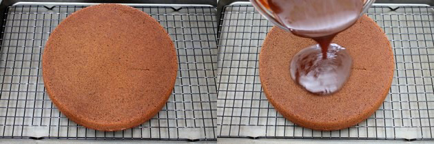 pouring ganache on cake