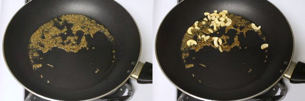 Saute cumin seeds and cashew nuts for jeera rice