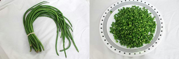 Collage of 2 images showing a bunch of long beans and chopped in a plate.