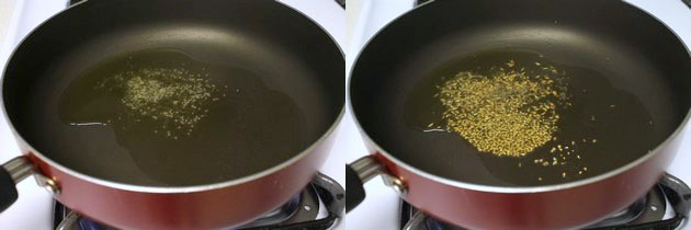 Collage of 2 images showing tempering of mustard and cumin seeds.