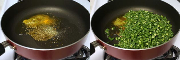 Collage of 2 images showing adding turmeric and hing and adding chopped long beans.