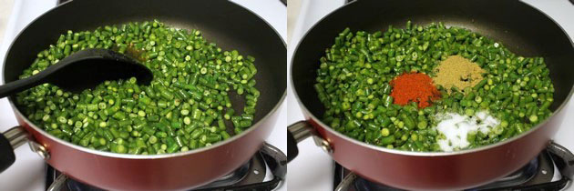 Collage of 2 images showing mixing beans and adding spices.