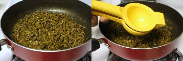 Collage of 2 images showing cooked sabzi and squeezing fresh lemon juice.