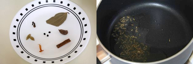 Collage of 2 images showing whole spices in a plate and tempering of cumin seeds.