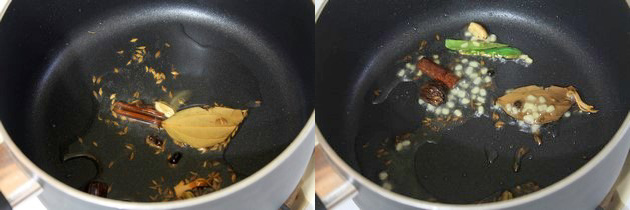 Collage of 2 images showing adding whole spices in tempering and sauteing ginger, chili.