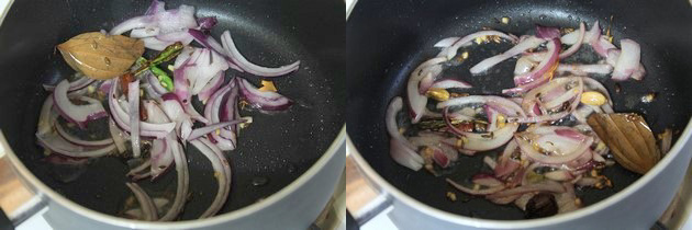 Collage of 2 images showing adding and cooking onion.