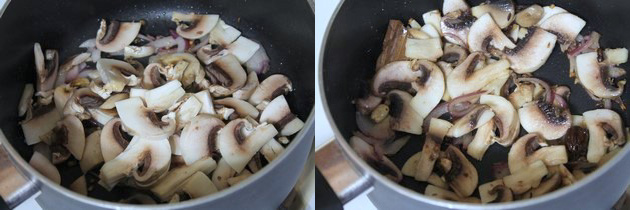 Collage of 2 images showing adding and mixing mushrooms.