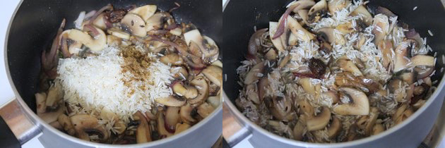 Collage of 2 images showing adding rice and garam masala and mixed.