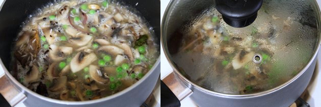 Collage of 2 images showing simmering and cooking covered.