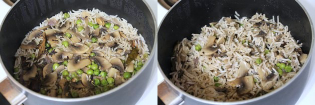 Collage of 2 images showing cooked pulao and fluffed up.