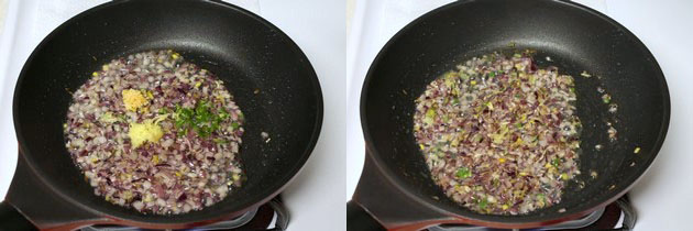 adding and cooking ginger, garlic paste, green chilies