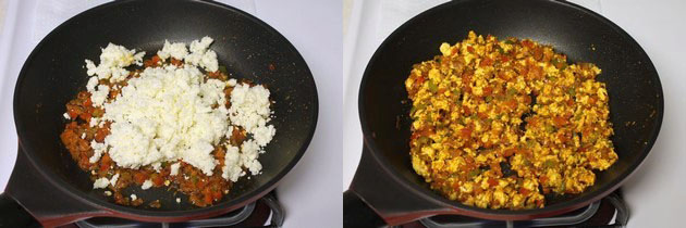adding and mixing crumbled paneer