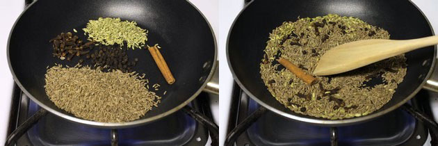 Collage of 2 images showing whole spices in a pan and roasting.