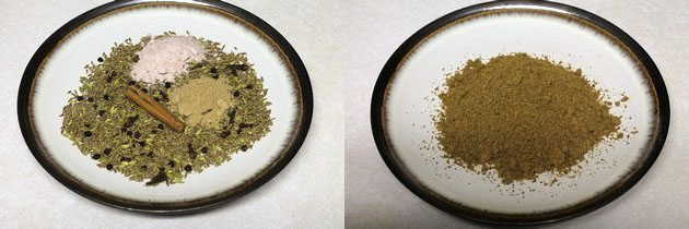 Collage of 2 images showing roasted spices in a plate with black salt and amchur. and ground powder.