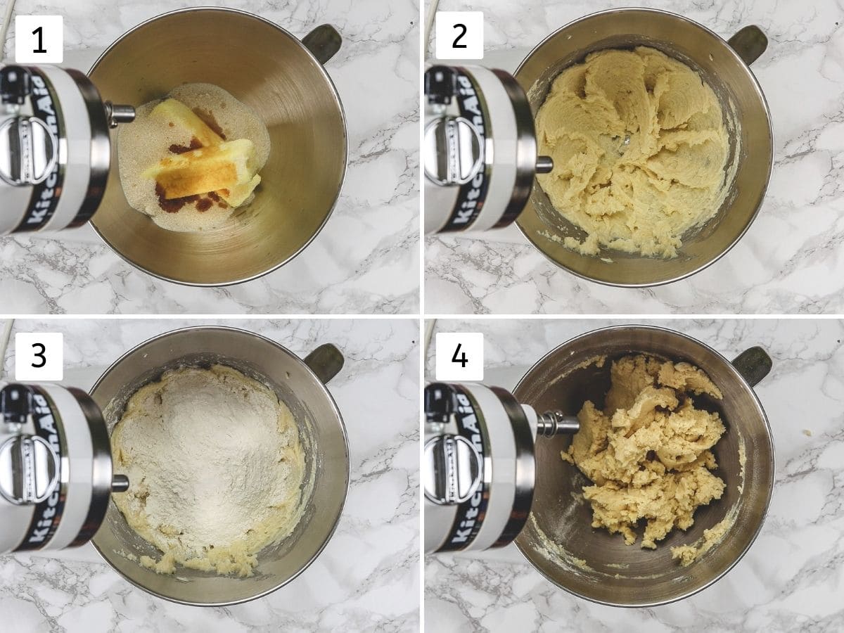 Collage of 4 images showing beating butter, sugar, adding flour and making a cookie dough.