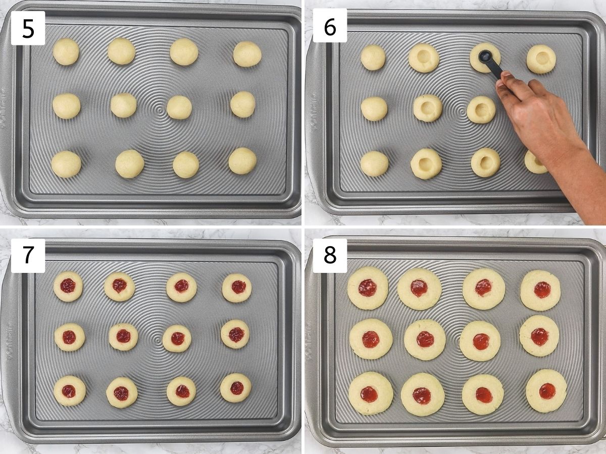 Collage of 4 images showing shaping, making indentation, filling with jam and baked cookies.