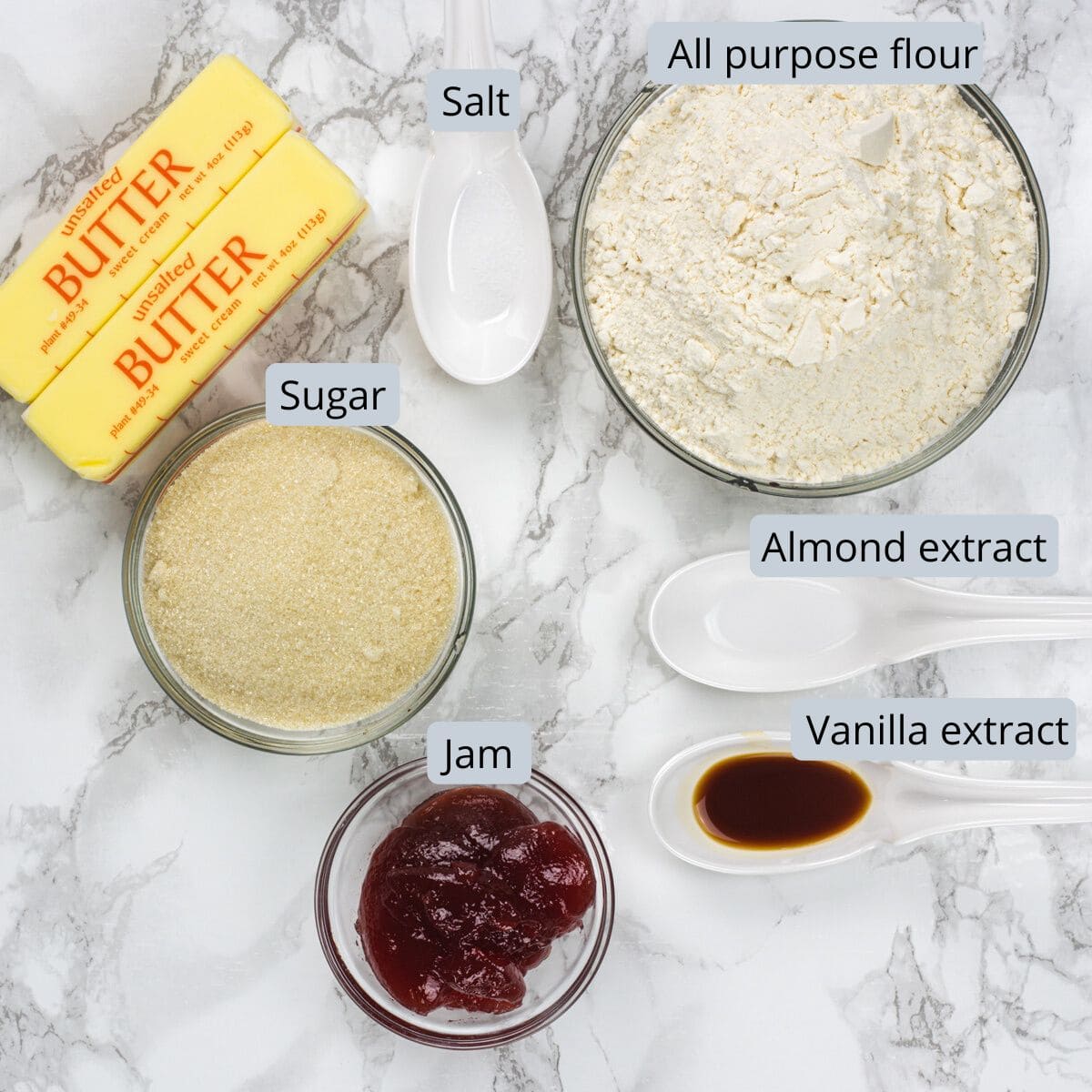 Shortbread thumbprint cookie ingredients in bowl and spoons with labels.