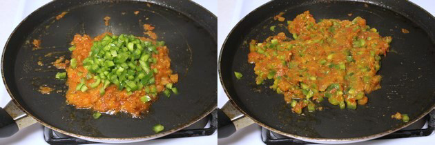 Collage of 2 images showing adding green peppers and mixing.