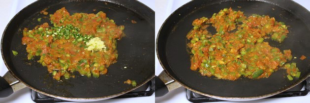 Collage of 2 images showing adding and mixing ginger, chili.