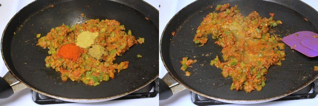 Collage of 2 images showing adding spices and mixed with a splash of water.