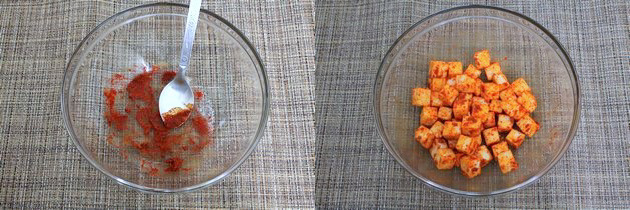 Collage of 2 images showing spices mixed with lemon juice and coated with paneer.