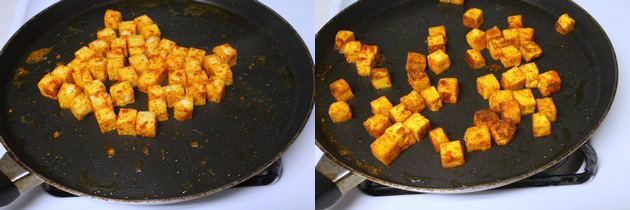 Collage of 2 images showing shallow frying paneer on tawa.