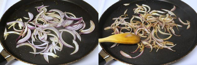 Collage of 2 images showing cooking onion.